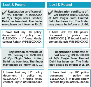 Lost and Found newspaper notice example